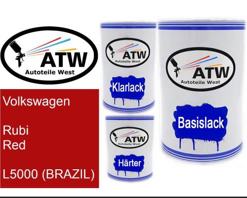 Volkswagen, Rubi Red, L5000 (BRAZIL): 500ml Lackdose + 500ml Klarlack + 250ml Härter - Set, von ATW Autoteile West.